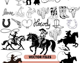 Westerse handgetekende illustraties, svg-bestanden, westerse SVG-, PNG- en EPS-bestanden. Digitale download