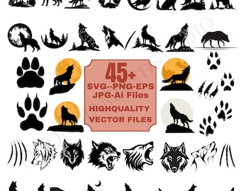 Wolf SVG-bundel: huilende wolf, maan, bosdierensilhouetten (direct downloaden)