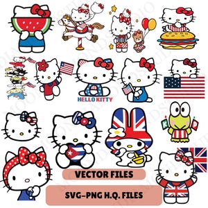 Może przedstawiać: Zbi&oacute;r grafiki wektorowej z Hello Kitty w r&oacute;żnych patriotycznych i tematycznych wzorach. Zawiera obrazy z flagami, arbuzem, hamburgerem i innymi elementami dekoracyjnymi. Tekst: "VECTOR FILES" i "SVG-PNG H.Q. FILES".
