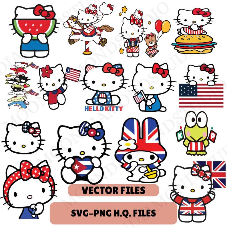 Może przedstawiać: Zbi&oacute;r grafiki wektorowej z Hello Kitty w r&oacute;żnych patriotycznych i tematycznych wzorach. Zawiera obrazy z flagami, arbuzem, hamburgerem i innymi elementami dekoracyjnymi. Tekst: "VECTOR FILES" i "SVG-PNG H.Q. FILES".