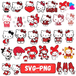 Może przedstawiać: Kolekcja r&oacute;żnych ilustracji postaci Hello Kitty w kolorach czerwonym, czarnym i białym. Obrazy przedstawiają Hello Kitty z kokardkami, trzymającą przedmioty i z innymi postaciami. Tekst "SVG-PNG" znajduje się w czerwonym prostokącie.