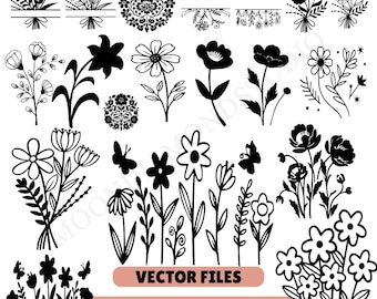Wildflower SVG-bundel, bloemen SVG png-clipart, bloem silhouet snijden bestanden, botanische Cricut ontwerp, madeliefje boeket SVG, lente bloemen bundel