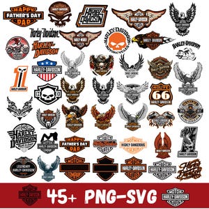 May include: A collection of Harley-Davidson logos and emblems in various designs. The logos feature eagles, skulls, wings, and text, with a color palette of black, orange, and white. The image includes the text "45+ PNG-SVG".