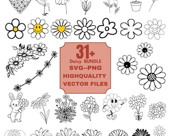 Retro madeliefjebloem SVG-bundel, eenvoudige schets clipart (digitale download)