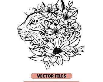 Floral kat SVG-bundel, Boho Cat Face vectorbestand, dierlijke bloem clipart (digitale download)