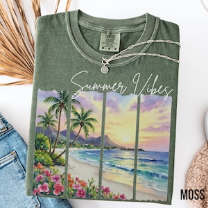 Summer Vibes Shirt Tropical Beach Landscape Panel Graphic Tee Palm Trees Sunset Ocean Floral Retro T-shirt Vacation Trip Gift for Beachgoers