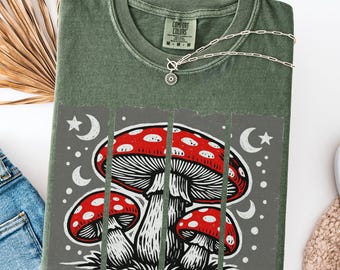 Celestial Moon Mushroom Shirt Boho Mystical Fungi Lovers Gift for Her for Him 4-Panel Graphic Tee Retro Aesthetic Cottagecore Witchy T-shirt