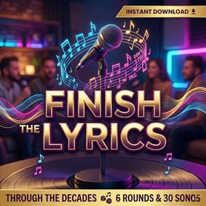 Finish The Lyrics Game PowerPoint | Music Trivia Party Game | Guess The Song Lyrics | 30 Songs 6 Rounds | Decades Music Quiz | Party Game image 1