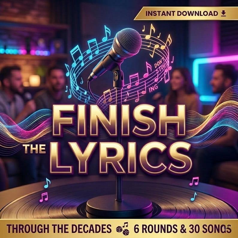Finish The Lyrics Game PowerPoint | Music Trivia Party Game | Guess The Song Lyrics | 30 Songs 6 Rounds | Decades Music Quiz | Party Game image 1