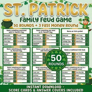 Könnte beinhalten: Ein St. Patrick's Day Family Feud Spielbrett mit Fragen und Antworten. Enthält eine Grafik eines Leprechauns und den Text "50 Runden + 3 Fast Money Runden." Kategorien sind "Nennen Sie ein irisches Symbol."