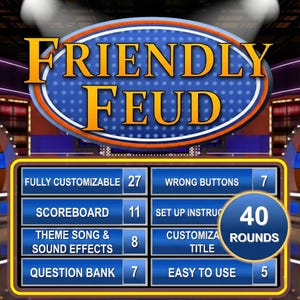 Puede incluir: Interfaz de juego digital con las palabras "FRIENDLY FEUD" en letras doradas. La interfaz incluye opciones de personalización, marcadores, temas musicales y un banco de preguntas. El juego presenta 40 rondas.