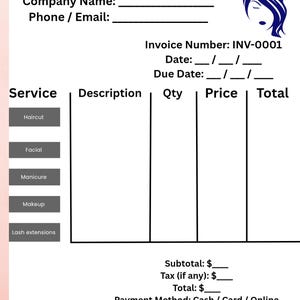 May include: A blank invoice template for a beauty studio, featuring fields for company name, phone/email, invoice number, date, and due date. Includes sections for service, description, quantity, price, and total. The invoice has a pink background and a logo of a woman's face.