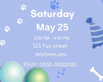 Invitación editable de cumpleaños de cachorro / Fiesta de cumpleaños infantil con temática de perros / Invitación azul pastel / Descarga instantánea