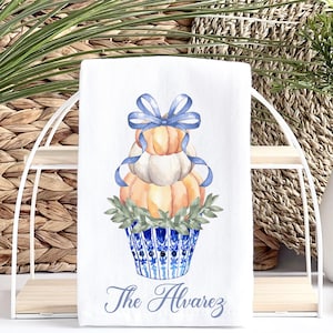 Chinoiserie Pumpkin Kitchen Towel, Dish Tea Towel, Personalized Towel, Fall Autumn Towel, Blue and White Towel, Fall Kitchen Home Decor