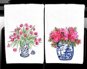 Pink Flowers Chinoiserie Kitchen Towel, Tea Dish Towel, Personalized Towel, Chinoiserie Ginger Vase Towel, Blue and White Kitchen Home Decor