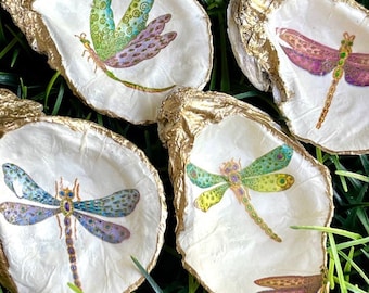 Oyster Ring Dish, Unique Dragonfly style, Trinket Dish, Bridal Gift, Bridesmaid, Oyster Shell Jewelry, Decoupage Dish, Engagement Gift