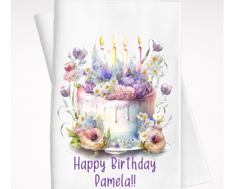 Happy Birthday Personalized Flowers Cake Kitchen Tea Towels, Custom Bathroom Towel, Watercolor Dish Towels, Decorative Towel, Hostess Gift