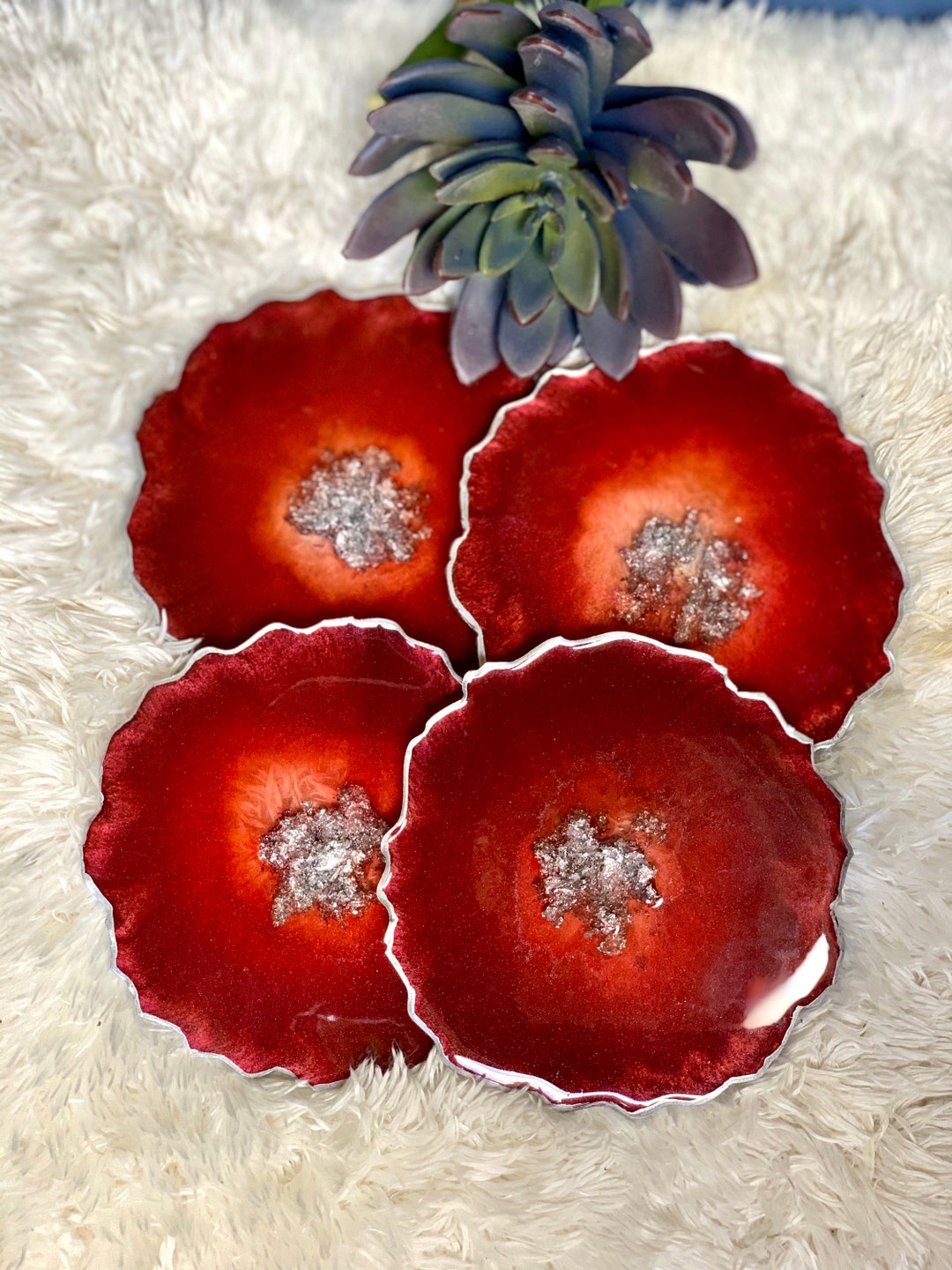 Resin Red Coasters, Agate Coaster, Set of 2, 4, or 6 Coasters, House