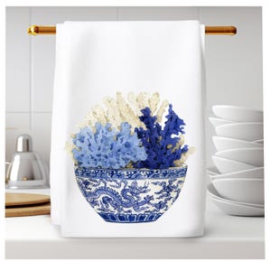 Coastal Chinoiserie Kitchen Towel: Nautical Coral, Blue Ginger Bowl