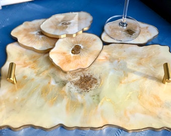 Geode Shape Resin Coasters and Tray, White and Gold, House Chic Decor