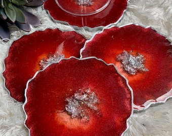 Unique Geode Shape Resin Coasters,  Agate Coaster, Red and Silver Geode Coaster,  Gif, Set of 2, 4, or 6 Coasters, House Chic decor