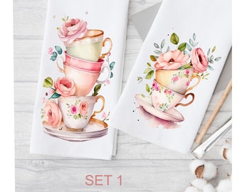 Floral Teetasse Küchentücher (2er-Set) - Dekorative Geschirrtuch Handtuch