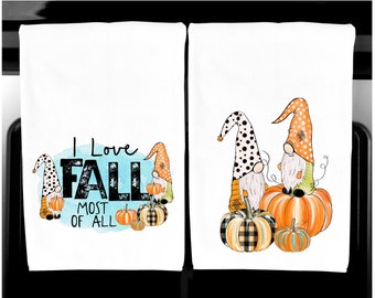 Fall Towels, Gnomes Tea Towels, Fall Home Decor Towels, Personalized, Hostess Gift, Gnome Kitchen Towel, Pumpkin Towels, Thanksgiving Towels