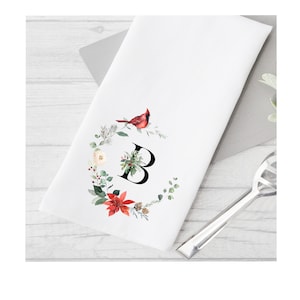 Christmas Cardinal Wreath Kitchen Towel, Tea Towel, Personalized Kitchen Towel, Dish Towel, Flowers Towel, Cardinal Towel, Holiday Decor