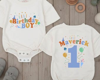 Personalized First Birthday Boy Romper, Baby Boy First Birthday Bodysuit, Balloons Birthday Outfit, Newborn Bubble Romper, Cake Smash Outfit