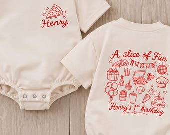 A Slice of Fun 1st Birthday Outfit, Personalized Pizza Birthday Romper, Pizza Party First Birthday Bodysuit