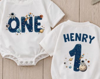 Personalized Space First Birthday Baby Romper, Custom Name Astronaut Galaxy Bubble Romper, 1st Birthday Outer Space Baby Bodysuit