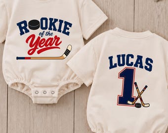 Rookie of the Year Hockey Bubble Romper, Personalized Hockey Birthday Boy Outfit, Custom First Birthday Outfit