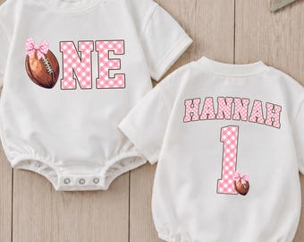 Personalized Football 1st Birthday Romper for Girl, Football Bows Baby Clothes, Cake Smash Outfit