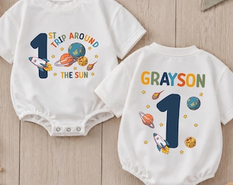 Personalized First Trip Around The Sun Romper, Space 1st Birthday Outfit Boy, Outer Space First Birthday Shirt