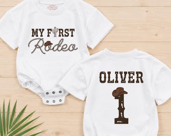 My First Rodeo Personalized First Birthday Boy Baby Romper, Western Cowboy Birthday Outfit, Short and Long Sleeve Baby Clothes