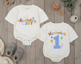 Personalized First Birthday Boy Romper, Baby Boy First Birthday Bodysuit, Balloons Birthday Outfit, Newborn Bubble Romper, Cake Smash Outfit