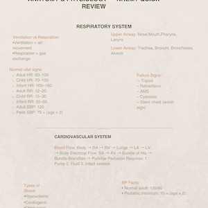 May include: A medical reference sheet titled "ANATOMY & PHYSIOLOGY - NREMT QUICK REVIEW." The document outlines the respiratory and cardiovascular systems, including normal vital signs, failure signs, and types of shock. Text is in black and red.