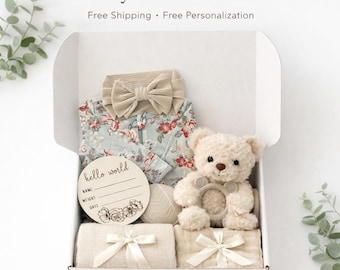 Personalized New Baby Girl Gift Box, Newborn Gift Set, Baby Shower Gift, Floral Baby Gift, Muslin Blanket & Teddy Bear, New Baby Present