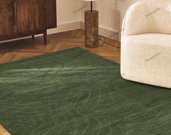 Hand Tufted Wool Area Rug Modern Solid Olive Green Wavy Line Living Room Rug