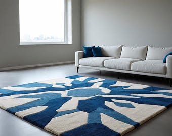 Modern Hand-Tufted Abstract Blue & Cream Area Rug – Contemporary Geometric Carpet for Living Room