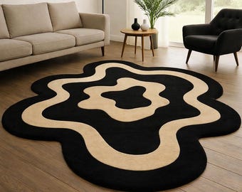 Hand Tufted Wool Area Rug, Black Beige Modern Abstract Irregular Rug