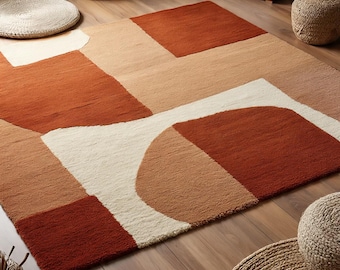 Hand Tufted Wool Area Rug 5X8 Modern abstract Terracotta beige & cream for living room