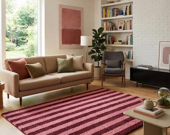 Hand-Tufted Wool Area Rug, Pink And Burgundy Modern Striped Living Room Rug