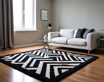 Hand Tufted Wool Area Rug 5X8 Modern Geometric black white contemporary rug living room