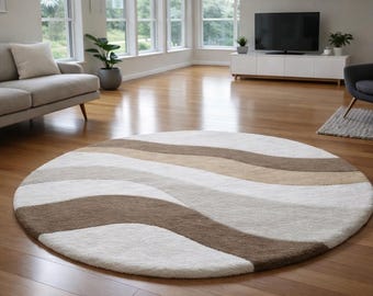 Hand-Tufted Wool Area Rug Modern Neutral Wave Round Rug