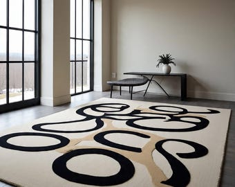 Hand Tufted Wool Area Rug Modern Abstract Black and Beige Living Room Rug
