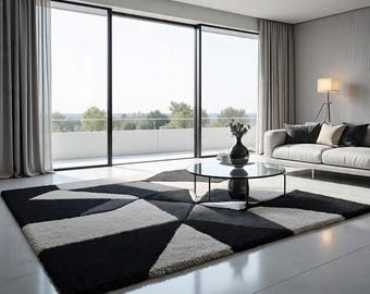 Modern Geometric Black & Ivory Hand-Tufted Area Rug | Contemporary Living Room Carpet