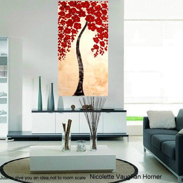 Oil Landscape painting Abstract Original Modern 48" palette knife RED BLOSSOMS  impasto oil painting by Nicolette Vaughan Horner