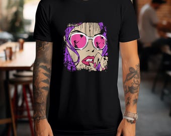 Camiseta de grafiti / Mujer con lentes rosas, impresión DTG