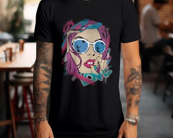 Camiseta de dibujos animados de grafiti artístico / Mujer con lentes turquesas